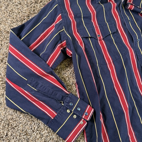 Vintage Men's Wrangler Pearl Snap Western Shirt Large L Striped Blue Red - Picture 3 of 11